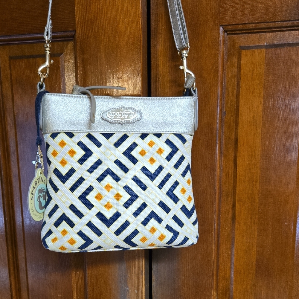 Spartina 449 Navy, Gold & Cream Crossbody Bag with Metallic Gold Trim